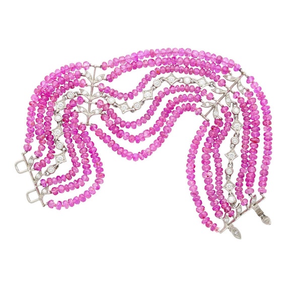 Platinum Diamond & Pink Sapphire Beaded Stretch B… - image 2