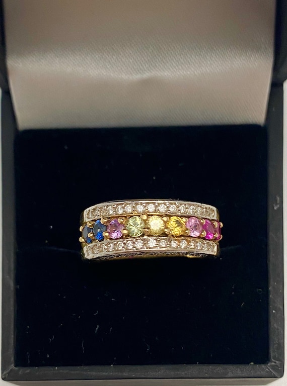 Multi Color Sapphire Band / Gold Rainbow Stacking Band / Multi Color Rainbow Diamond Ring in 14k Yellow Gold / Rainbow Multi Color Ring