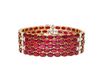 Natürliches Rubin im Ovalschliff, 5-reihig, Multi Link-Tennisarmband aus 18K Gold, 72.51 Karat Rubin im Ovalschliff mit Diamant in 18K Gold