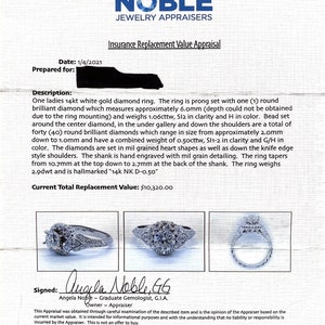 May include: A 14 karat white gold diamond ring with a round brilliant center diamond and bead set diamonds around the center stone. The ring is hallmarked "14k NK D-0.50".