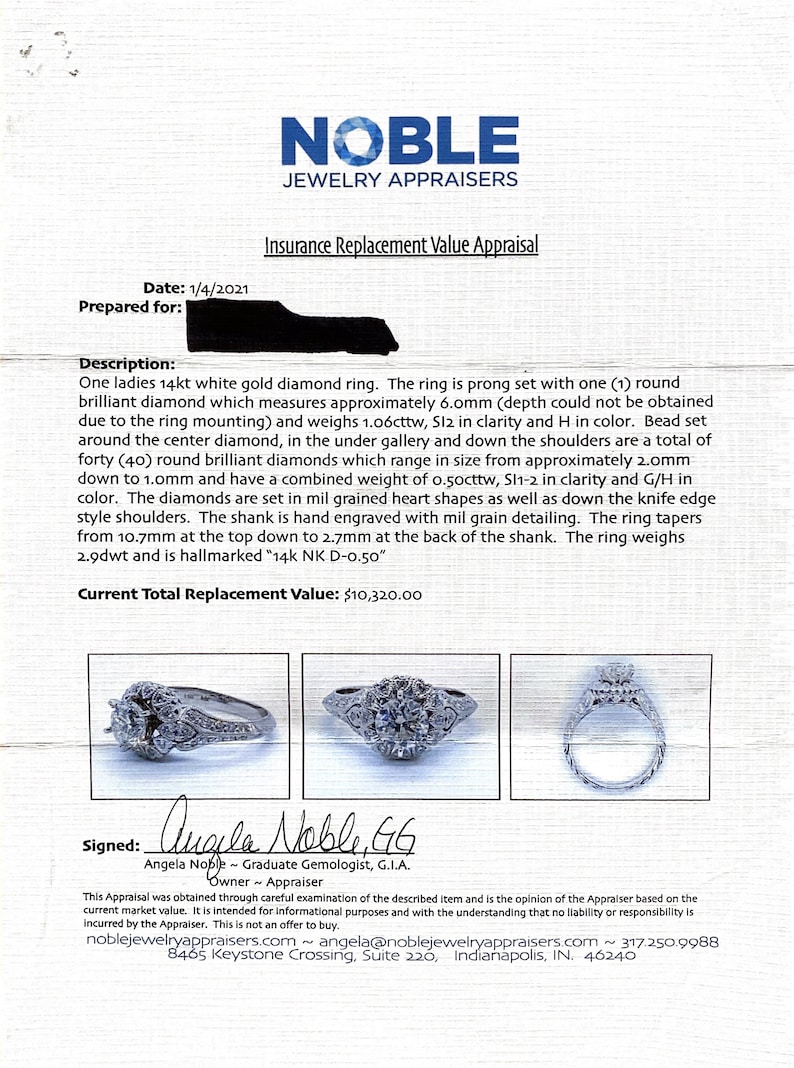 May include: A 14 karat white gold diamond ring with a round brilliant center diamond and bead set diamonds around the center stone. The ring is hallmarked "14k NK D-0.50".