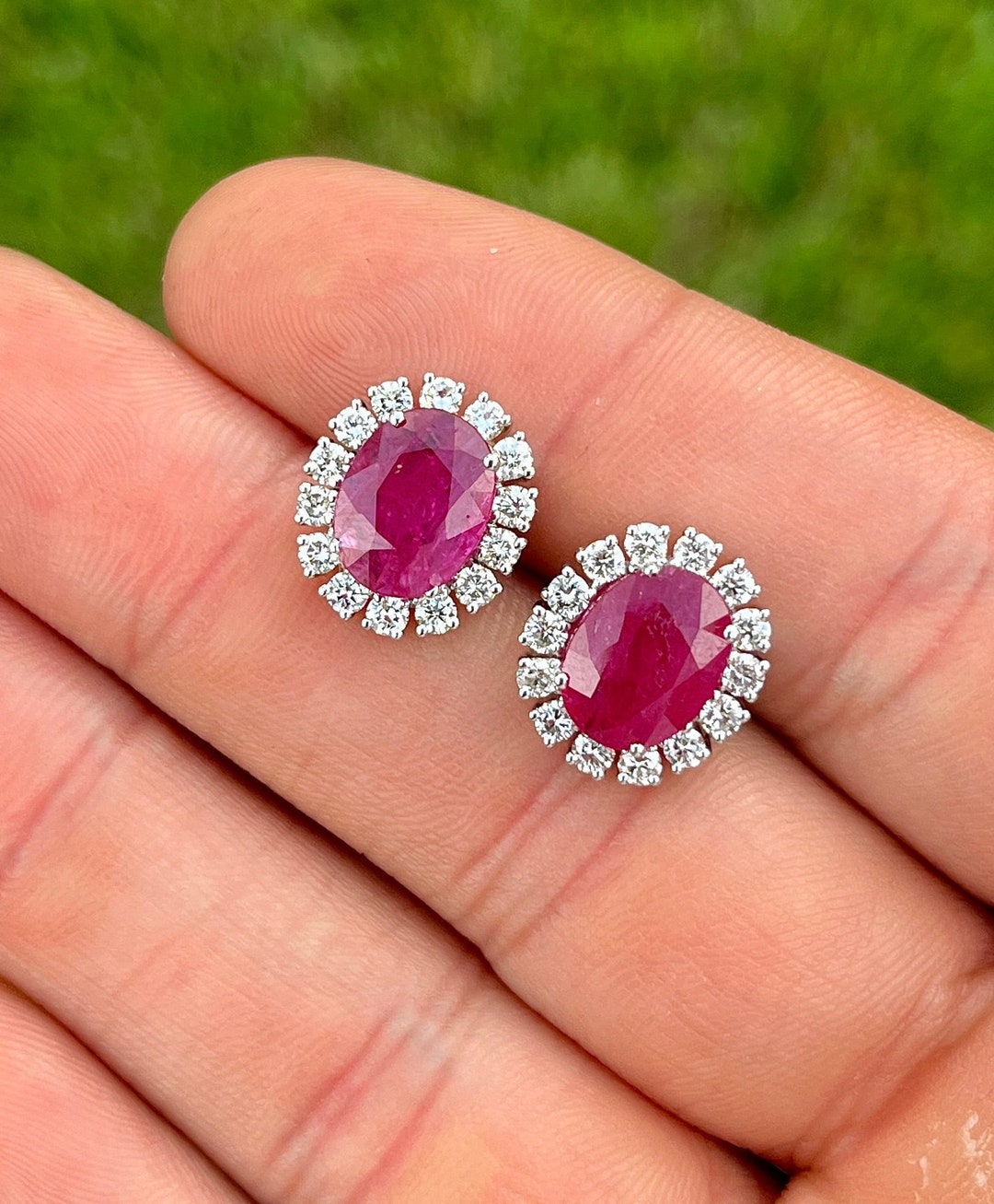 No Heat Ruby and Diamond Halo Stud Earrings, 3.5 Carat Untreated No ...