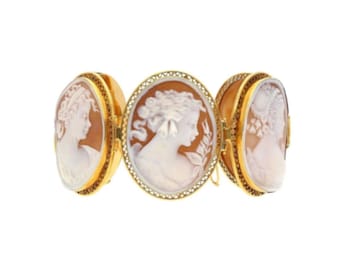 20th Century Carved Cameo Shell Yellow Gold Bracelet / Antique Victorian Shell Bracelet / Vintage "Queen Victoria" Bracelet