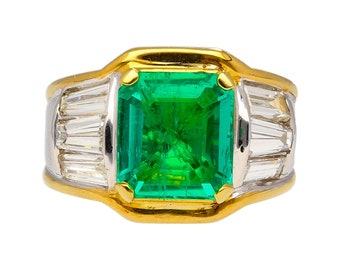 Natural 3.16 Carat Vivid Green Colombian Emerald Insignificant Oil, Two Tone Platinum and 18k Gold Colombian Emerald Unisex Ring | GRS cert.