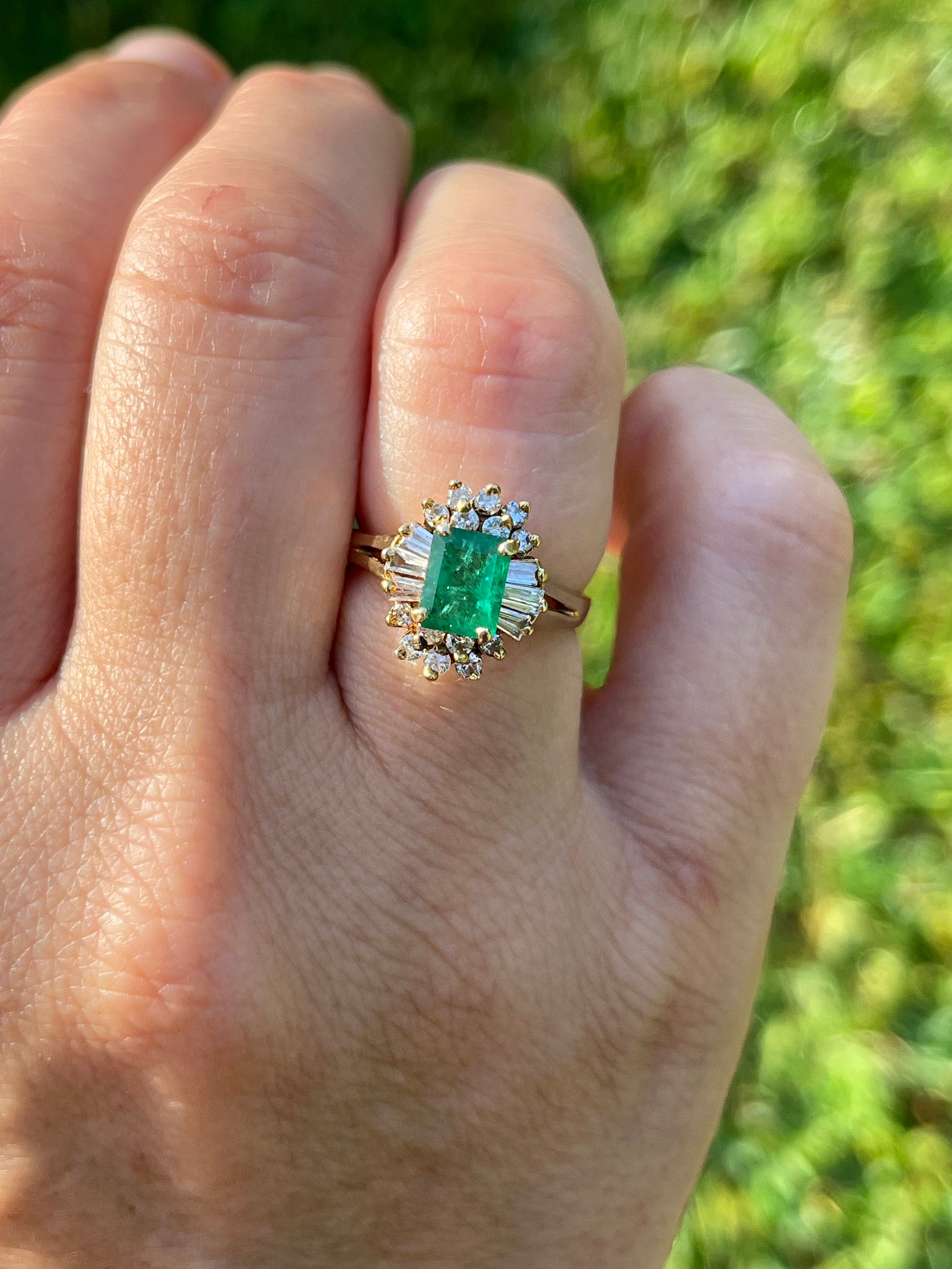 1 Carat Natural Emerald Ring with Baguette Diamond Halo in 14k yellow Gold Vintage 1ct Emerald Cut Emerald Ring in 14k Gold with Diamonds