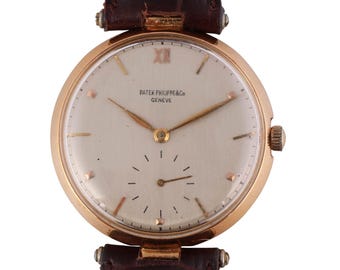 Vintage Patek Philippe 18K Yellow Gold Manual Wind Watch with Leather Strap