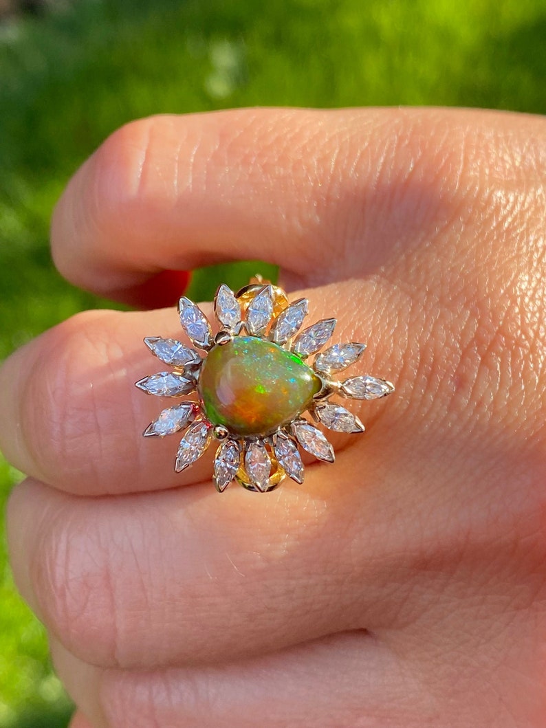 Natural Opal and Marquise Diamond Ring, Pear Shape Opal with Marquise Cut Diamonds, Natural Opal With Diamond Halo image 7