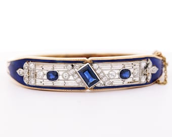 Vintage Art Deco Estate Blue Sapphire, Diamond & Enamel Bangle Bracelet