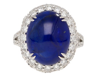 AGL Certified 16.68 Carat Cabochon Cut Ceylon Blue Sapphire Ring with Diamond Halo and Filigree Set 18K White Gold