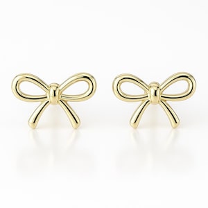 Dainty 14K Solid Gold 10mm Ribbon Stud Earrings on Screw Back Closure - 10mm to 6mm Gold Ribbon Bow Stud Earrings on Screw Posts