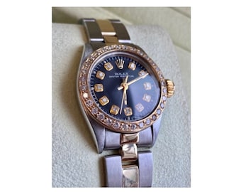 Two Tone Ladies Rolex 23mm Dial Oyster Perpetual, Ladies Rolex with Black Dial and Diamond Bezel, Black and Gold Womens Rolex Oyster Strap
