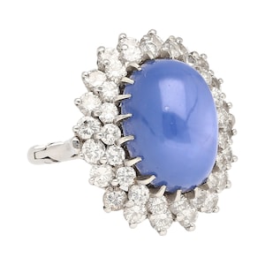 16.30 Carat No Heat Blue Star-Sapphire Ring in Vintage Platinum and 18K White Gold Setting With Diamond Halo | GRS Certified Star Sapphire