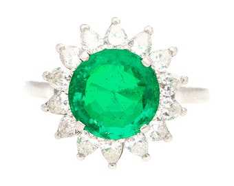 3.02 Carat Vivid Green Round Cut Colombian Emerald and Diamond Halo Ring in Platinum Setting | GRS Certified Emerald W/ Insignificant Oil