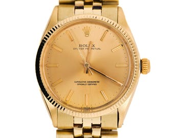 Reserviert - Rochelle Oyster Perpetual Ref. 1005 mit geriffelter Lünette und Jubilee Armband in 14k Gelbgold 34 mm