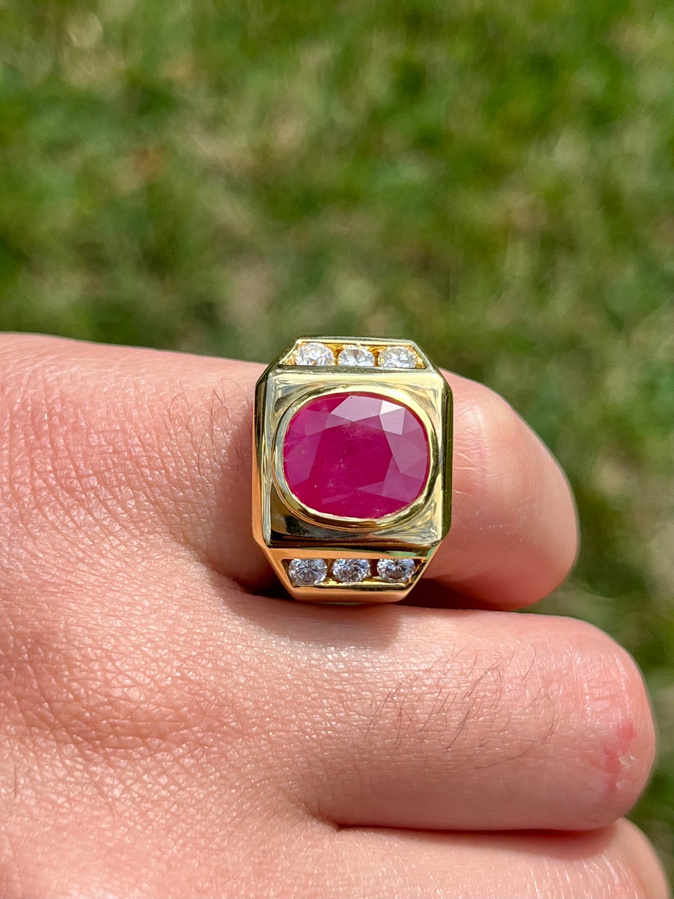 Vintage Ruby Mens Ring 14k Yellow Gold Ruby and Diamond Mens Etsy