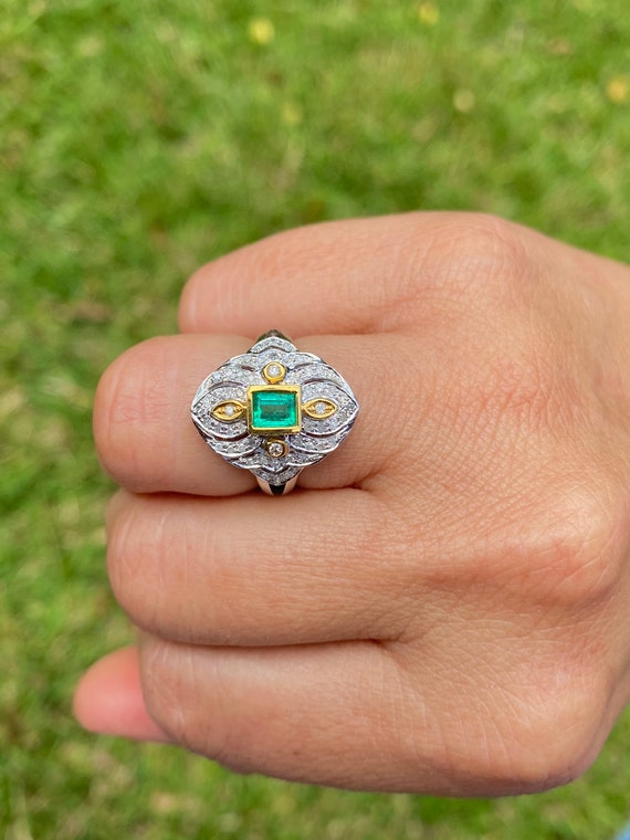 Art Deco Emerald / Diamond Statement Ring, Vintag… - image 8