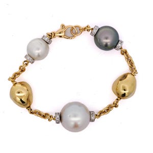 18K Gold South Sea Pearl And Diamond Station Bracelet With Akoya Pearl Beads