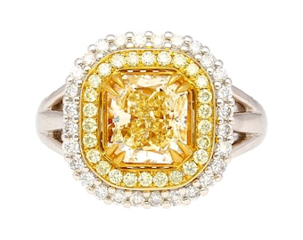 Anillo de oro de 18 quilates con diamante de corte radiante amarillo claro elegante de 2,79 quilates certificado por GIA, anillo de halo doble de diamante amarillo y blanco elegante, anillo de cara ancha
