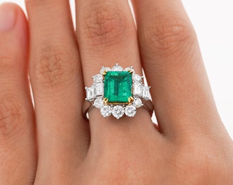 4.42 Carat TW Colombian Emerald with Round & Emerald Cut Diamonds Sides in 18K White Gold, Dark Green Colombian Emerald and Diamond Ring