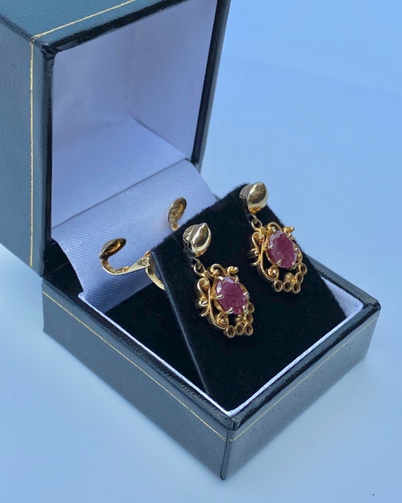 1970 Retro - Art Deco Clip on Ruby Earrings in Vi… - image 3