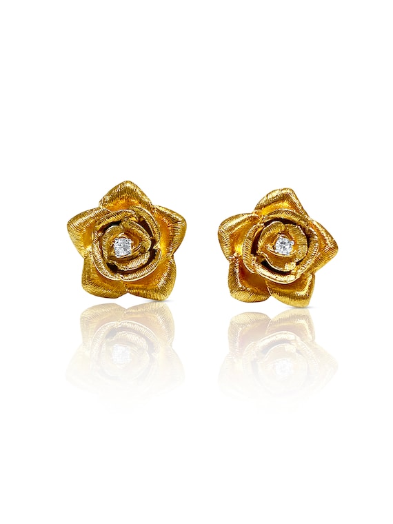 14k Solid Gold Flower and diamond Stud Earrings, … - image 3