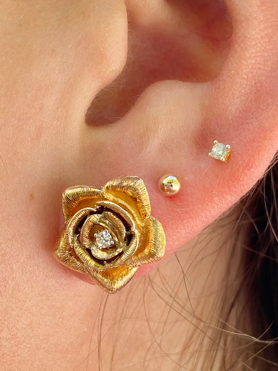 14k Solid Gold Flower and diamond Stud Earrings, … - image 2
