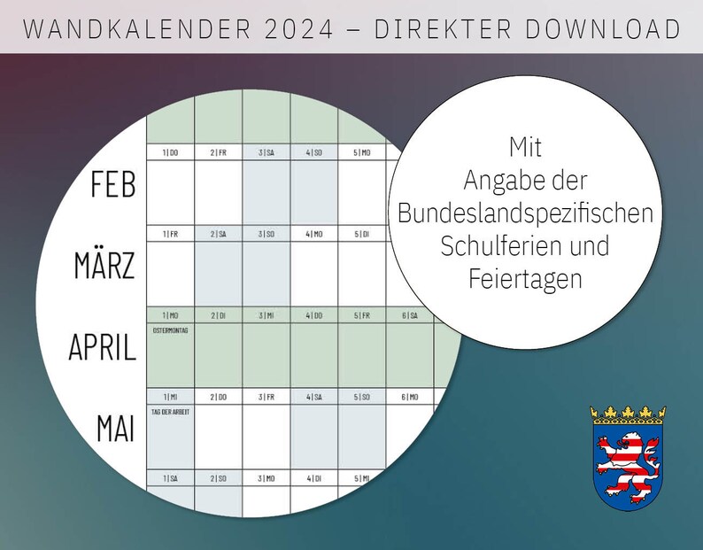 Hessen Schulferien & Feiertage 2024 Schicker Wandkalender - Etsy.de