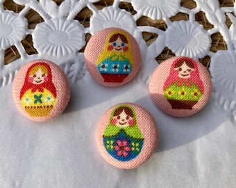 Fabric button .. Matryoshka pink or white 20.5 mm...  Button... fabric covered button russian dolls