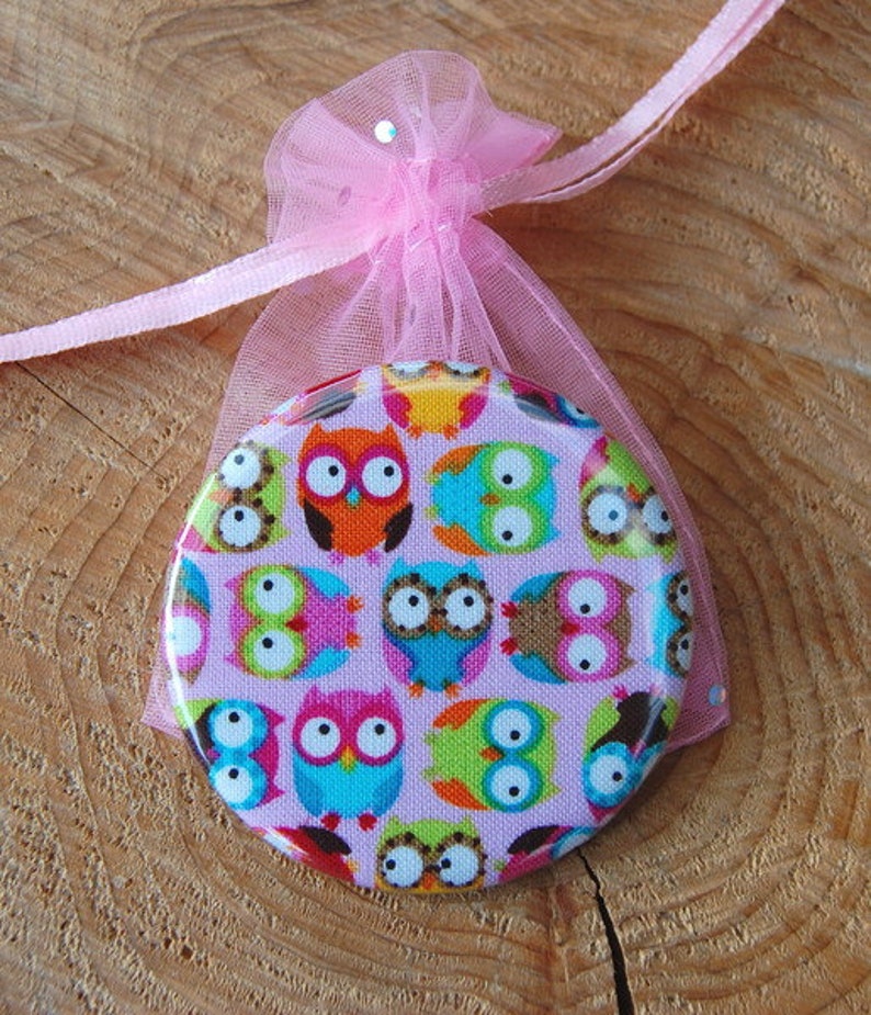 Pocket mirror owl.. Little owls on pink ..Mirror or bottle opener with keychain...Pocket Mirror Mini Owls image 2