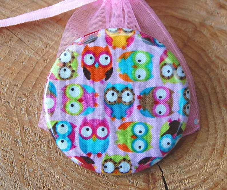 Pocket mirror owl.. Little owls on pink ..Mirror or bottle opener with keychain...Pocket Mirror Mini Owls image 1