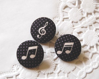 material-related button .. Note.. Clef... Fabric knob 28 mm ... Notes on black mini dots Button Fabric