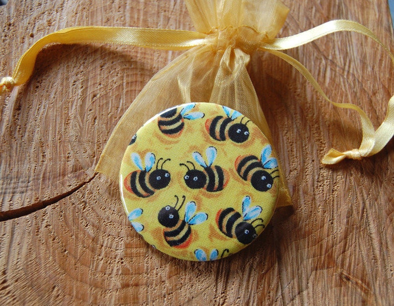 Fabric-covered pocket mirror bee bees mirror fabric Honey Bee Fabirc Bees Beehive Pocketmirror image 1