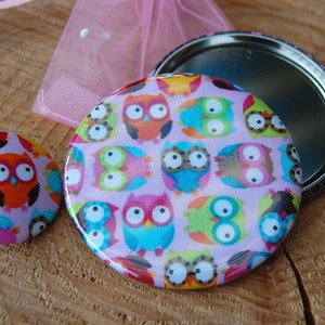 Pocket mirror owl.. Little owls on pink ..Mirror or bottle opener with keychain...Pocket Mirror Mini Owls image 3