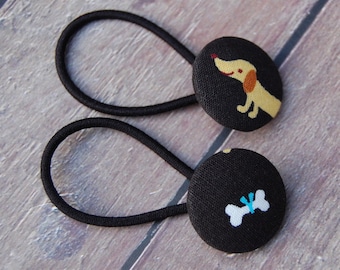 Hair rubber "Dachshund with bone" 2 hair gums badger dog hair tie fabric covered buttons Doxie