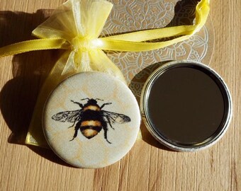 Miroir de poche en tissu abeille.. Abeilles.. recouvert de tissu..  Spiegel Bee Bees Honeybee Pocket Miroir Tissu