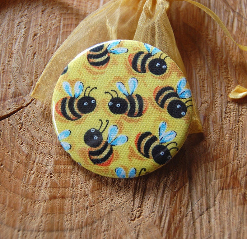 Fabric-covered pocket mirror bee bees mirror fabric Honey Bee Fabirc Bees Beehive Pocketmirror image 2