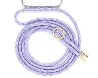 Mobile phone chain with case cover with interchangeable cord for hanging around the neck. Mobile phone strap for changing in silver or gold - strap in PURPLE