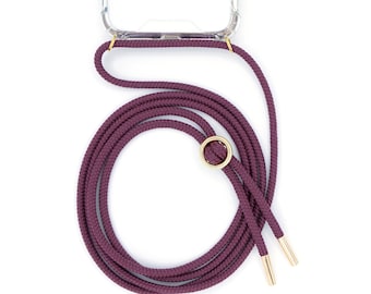 Mobile phone chain with case case with interchangeable cord for hanging Mobile phone strap for changing in silver or gold - band in AUBERGINE