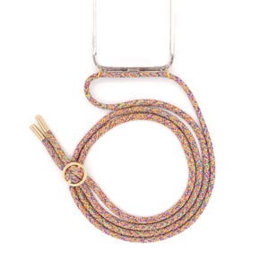 Chaîne de téléphone portable avec étui avec cordon interchangeable à accrocher autour du cou. Lanière de téléphone portable peut être changée en argent ou en or.