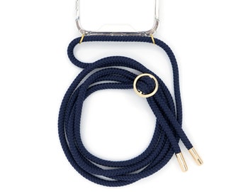 Mobile phone chain with case cover with interchangeable cord for hanging around the neck. Mobile phone strap for changing in silver or gold - strap in DARK BLUE