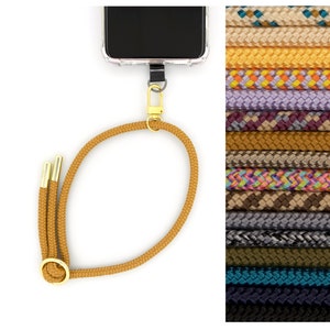 Korte universele telefoonketting met karabijnhaak en optioneel met opgestikte mobiele telefoonlus met verwisselbaar snoer mobiele telefoonarmband om te verwisselen