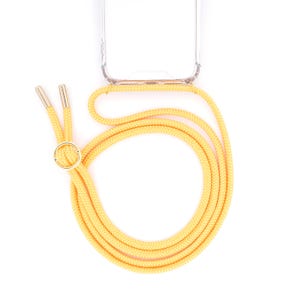 Może przedstawiać: Żółty pasek do telefonu z złotym kółkiem i dwoma złotymi klamrami. Pasek wykonany jest z grubego, plecionego sznurka.