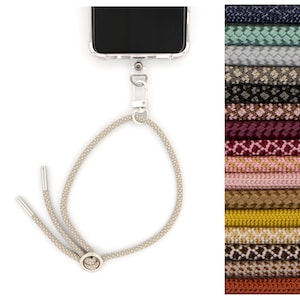 Korte universele telefoonketting met karabijnhaak en optioneel met opgestikte mobiele telefoonlus met verwisselbaar snoer mobiele telefoonarmband om te verwisselen