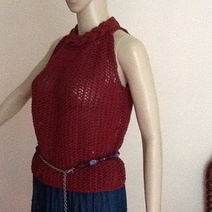 Halter top, burgundy sleeveless top, cotton blend tank, hand knitted blouse, aWilderWhimsey original design