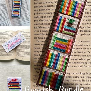 May include: A collection of handmade bookmarks and a small square coaster. The bookmarks feature colorful stitched designs of stacked books, a teacup, and the text "I cry over fictional characters." The words "Bookish Bundle" are also visible.
