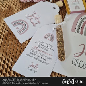 10 Anhänger Blumensamen "Taufe" (Konfirmation / Kommunion / Hochzeit / Geburtstag / Jugendweihe / Geburt