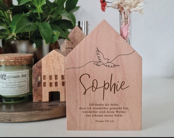 Wooden house "desired motif" 10 x 14.5 cm / personalized gift for baptism, confirmation, communion, youth consecration