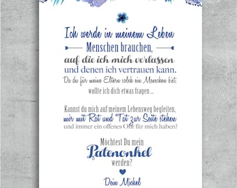 Patenkarte "Willst du meine Patentante / mein Patenonkel sein?" (Blau floral)