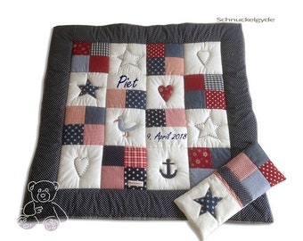 Manta para gatear con nombre, manta individual para bebé + cojín posicionador Manta patchwork PIET, personalizada