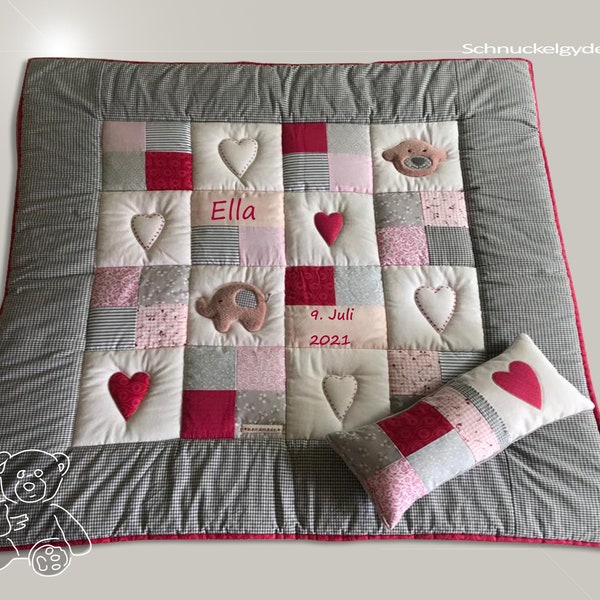 Krabbeldecke mit Namen, Individuelle Babydecke + Lagerungskissen ELLA Patchworkdecke, personalisiert